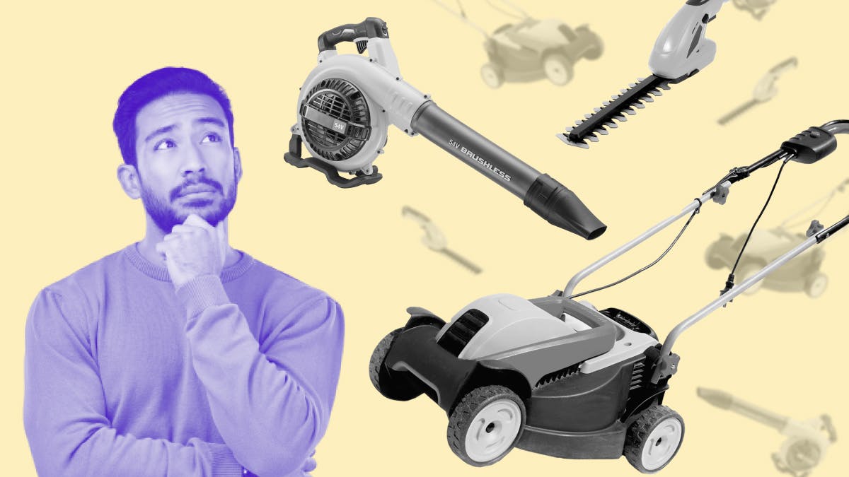 light yellow background with a contemplative purple man on the left of the image, black and white electric lawn mower, leaf blower, and hedge trimmers falling on the right with blurred out versions behind them